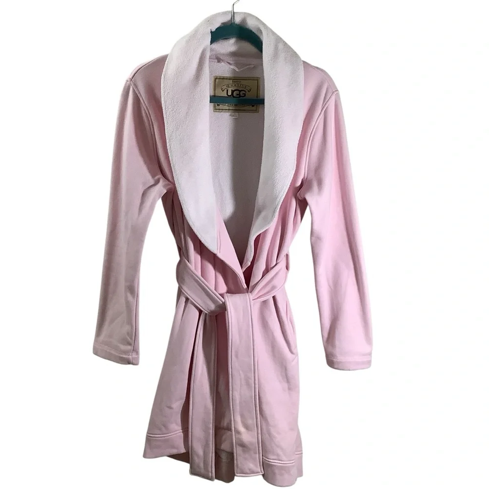 UGG Soft Pink Fleece Lounge Robe with White Trim - Picture 1 of 6